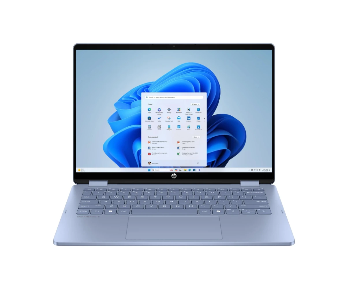 HP OmniBook 5 Flip X360 14-inch laptop open in tent mode with touchscreen display