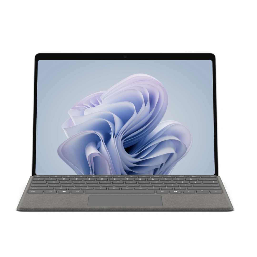 Microsoft Surface Pro 10 with Surface Pen and Platinum Type Cover on desk setup